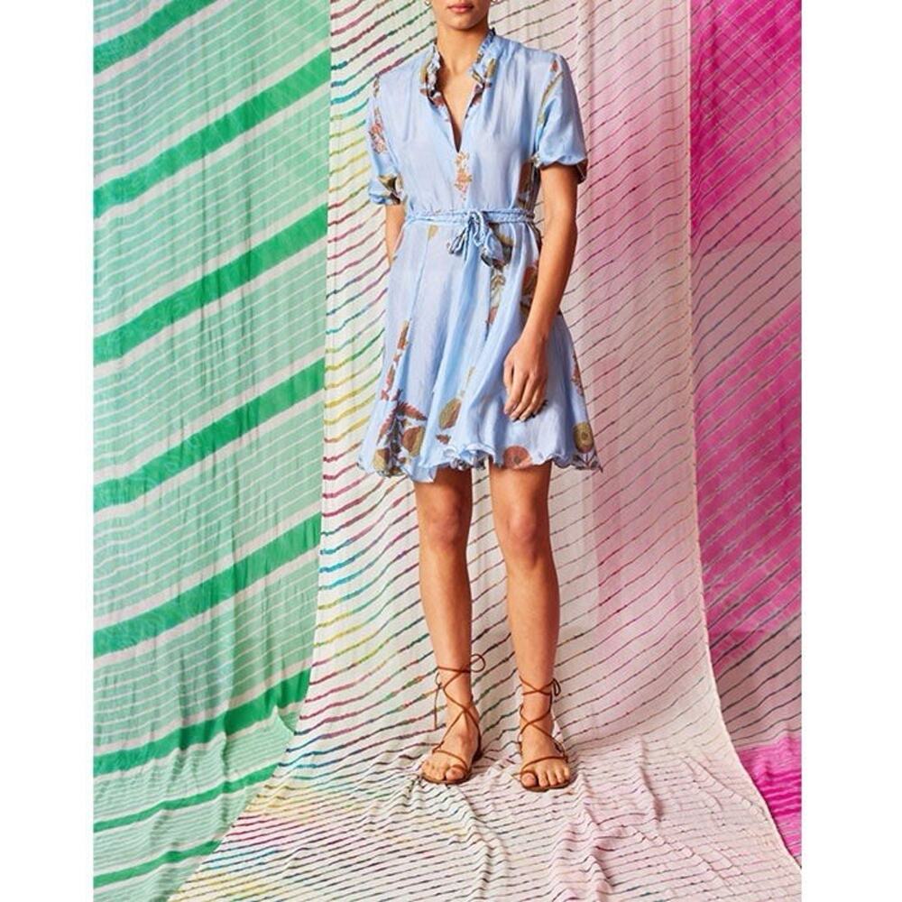 Hannah Artwear Gaia Blue Floral Silk Mini Tie Floral Dress Small